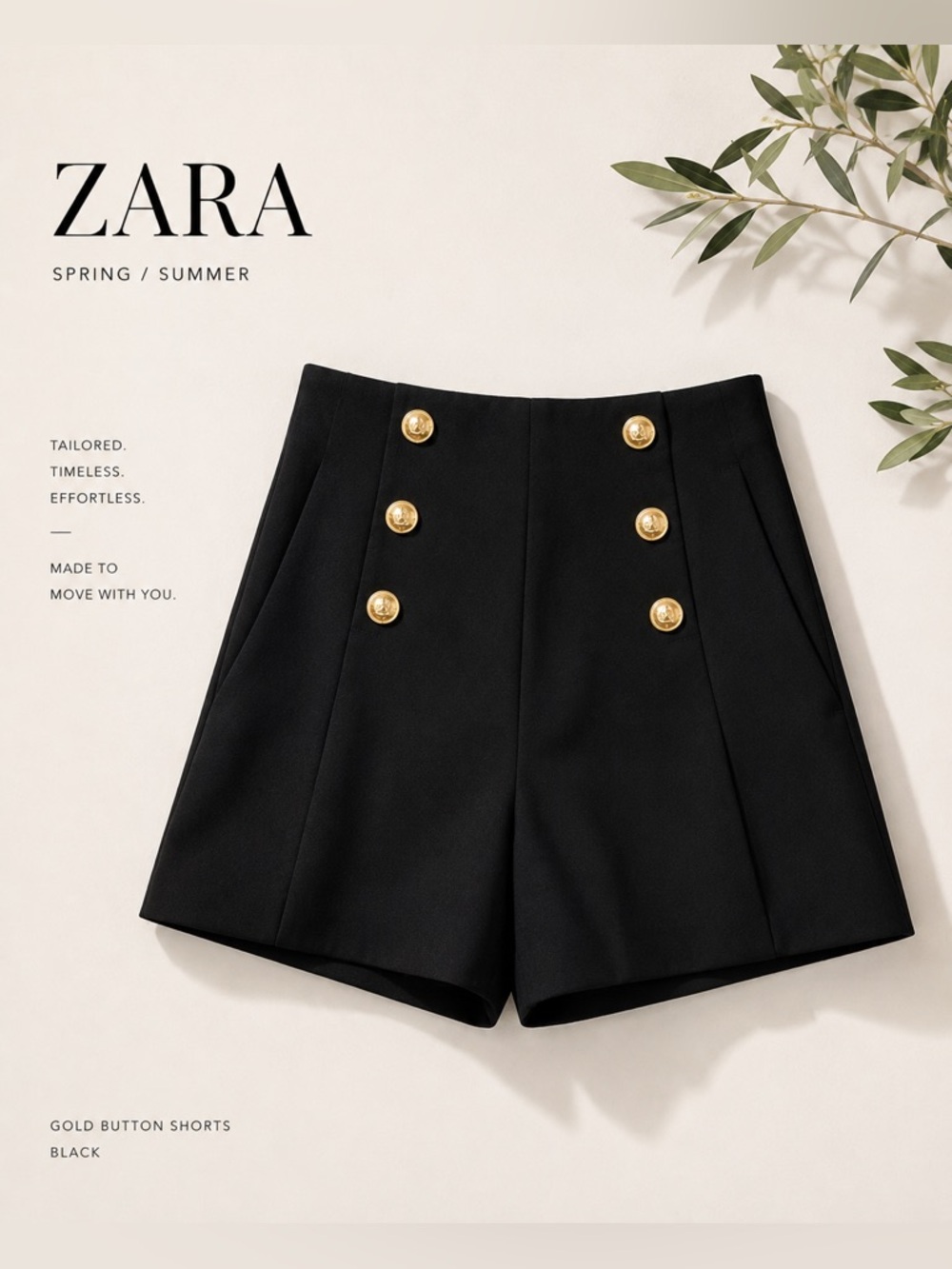 🖤 Zara Black High Waisted Gold Button Shorts | Sailor Style Tailored Size M